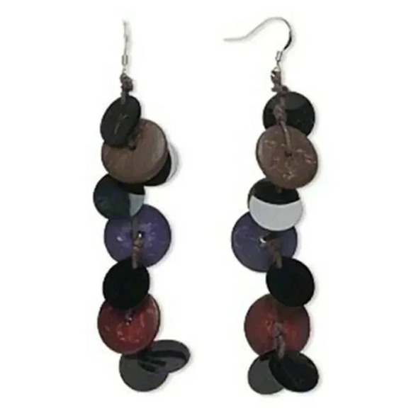 Coconut Palm Tree Wood Eco Friendly Disk 4-1/2" Long Dangle Earrings - Picture 1 of 1